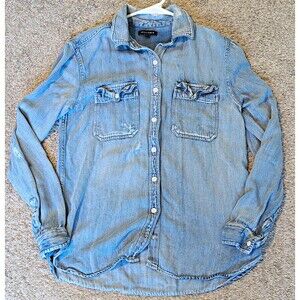 William B Women Distressed Chambray Denim Button Down Shirt L Soft Distressed